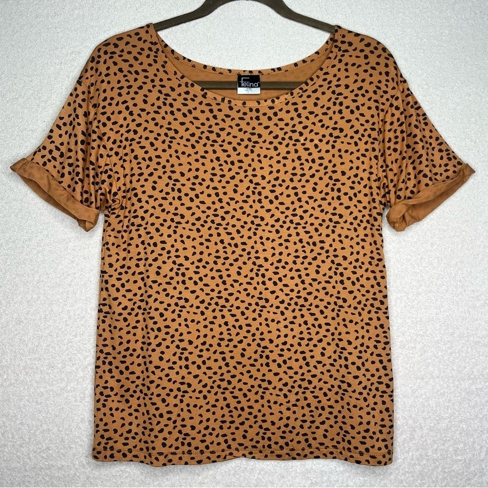 NEW Felina Animal Print Roll Sleeve Tee Shirt Women’s S Brown/Tan Casual Modest